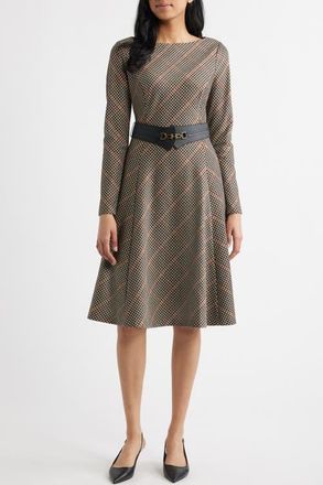 Eliza J Check Bias Cut Long Sleeve Fit & Flare Dress in Black Cognac at Nordstrom, Size 12