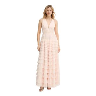 Twinset Kleedjes, Dames, Beige, M, Tule, Lange geplooide tule jurk