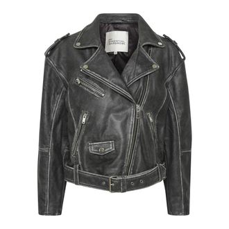 MY ESSENTIAL WARDROBE Vintage Leren Jas met Zilveren Details - Dames - Leren en Su&egrave;de Jassen - Zwart - M - Leer - Jassen