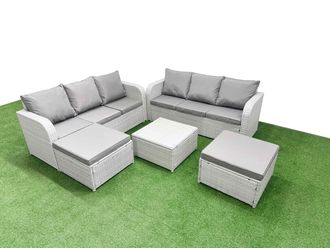 Fimous Outdoor Garden Furniture Sets 8 Seater Wicker Rattan Furniture Sofa Sets w/ Square Coffee Table high Back Lounge Sofa 2 Big Footstool Light