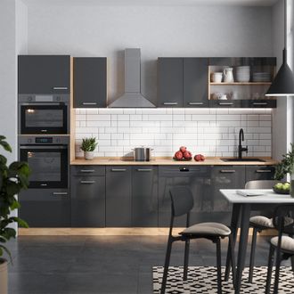 Vicco Mueble De Cocina R-line, Antracita Brillo Intenso/roble Dorado El&eacute;ctrico, 300 Cm Con Armario Alto, Et Antracita