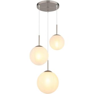 Nowa Globo Kop L&aacute;mpara de techo colgante en racimo, esferas de n&iacute;quel mate, pantalla de cristal de alabastro opalino, 3 bombillas E27
