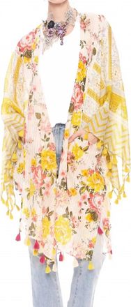 Aratta Floral Print Metallic Stipe Kimono In Mustard