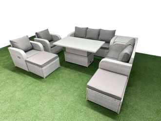 Fimous PE Rattan Garden Furniture Set Reclining Chair Sofa Double Love Seat 2 Seater Sofa Lounge Set Adjustable Lifting Dining or Coffee Table 2 Big