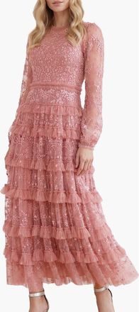Needle & Thread Blossom Long Sleeve Lace Ankle Gown in Misty Rose at Nordstrom, Size 14
