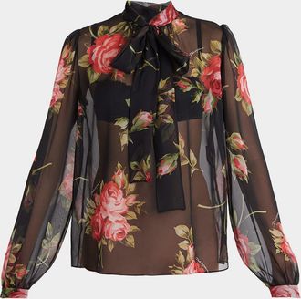 Dolce & Gabbana Rose Bouquet-Print Silk Chiffon Neck-Tie Blouse