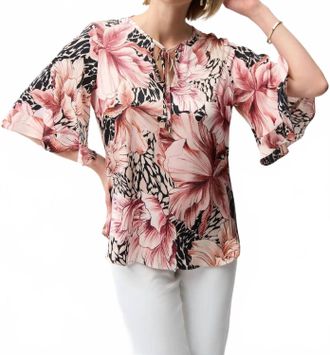 Joseph Ribkoff Satin Floral Ruffle Sleeve Top In Beige/multi