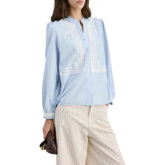 Mango Floral Embroidered Lace Trim Button-Up Shirt in Sky Blue at Nordstrom, Size 6