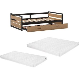 Vente-Unique Letto a scomparsa 120 x 200 e 90 x 200 cm MDF, Pino e Metallo Naturale e Antracite + Materasso - BOSTON