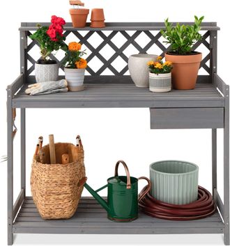 Best Choice Products Outdoor Wooden Garden Potting Bench, Workstation Table w/ Cabinet Drawer, Open Shelf