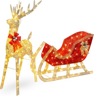 Best Choice Products Lighted Christmas 4ft Reindeer & Sleigh Outdoor Yard Decoration Set w/ 205 LED Lights, Stakes