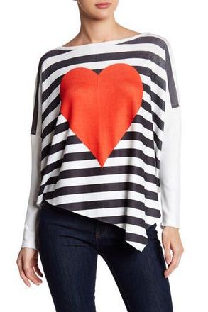 Go Couture Printed Asymmetrical Hem Dolman Sweater in Ivory Red Heart Stripes at Nordstrom Rack, Size Medium