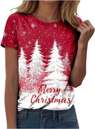 Generic Christmas Shirt Women Short Sleeve Shirts UK Christmas Tree Reindeer Print Tshirt Xmas Shirt Funny Novelty Tops Casual Crewneck Blouse Snowflakes Pull