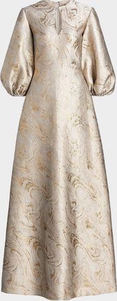 Reem Acra Balloon-Sleeve Metallic Brocade Kaftan Gown