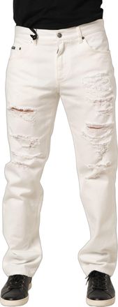 Dolce & Gabbana Mens White Cotton Distressed Straight Denim Jeans Clothing