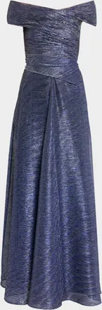 Talbot Runhof Off-The-Shoulder Metallic Voile Long Dress