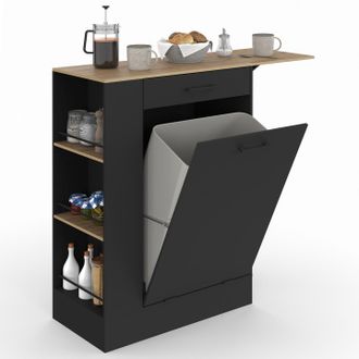 IDMarket Credenza Da Cucina Compatta Tibo 90 Cm Con Cestino, Ripiano Ribaltabile, 1 Cassetto E 3 Ripiani Laterali In Legno E Nero