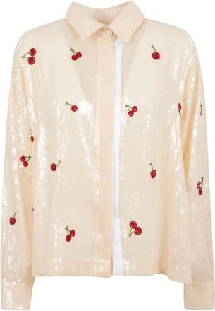 Des_Phemmes Kersen Paillet Overhemd - Dames - Overhemden - Beige - S - Pailletten - Overhemden