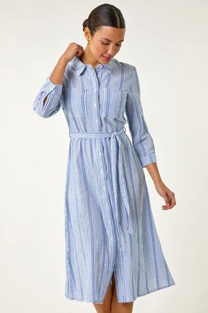 Roman Textured Stripe Belted Shirt Dress