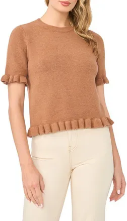 CeCe by Cynthia Steffe Ruffle Trim Short Sleeve Sweater in Raw Umber at Nordstrom, Size Xx-Large