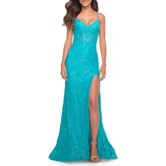 La Femme Neon Lace Prom Gown With Sheer Bodice and Tie Up Back in Aqua at Nordstrom, Size 00
