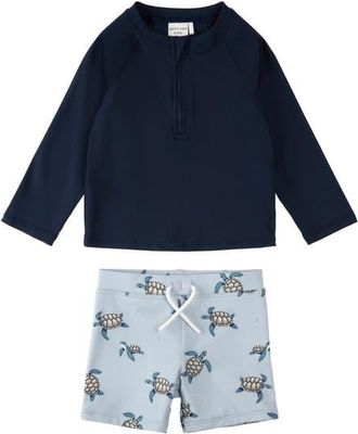 Petit Lem Long Sleeve UPF 50+ Two-Piece Rashguard Swimsuit in Navy at Nordstrom, Size 12-18M