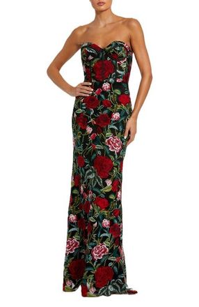 Mac Duggal Sheer Bustier Top Floral Applique Gown in Black Multi at Nordstrom, Size 14