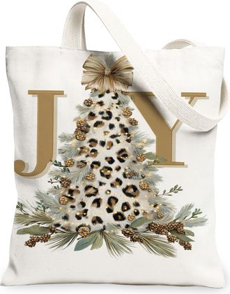 Generic Christmas Tree Canvas Tote Bags, Leopard Design Reusable Grocery Bags, Winter Floral Lightweight Washable Shoulder Strap Fo, White, 13x15 Inch