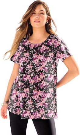 Roaman's Plus Size Ultimate Cotton Crewneck Short Sleeve Swing Tee in Mauve Soft Floral at Nordstrom, Size Small
