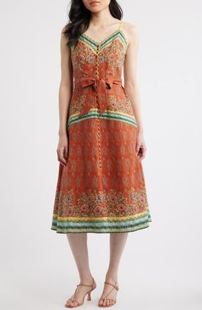Elie Tahari The Brooks Mixed Print Linen Blend Midi Dress in Spice Route Print at Nordstrom, Size 12
