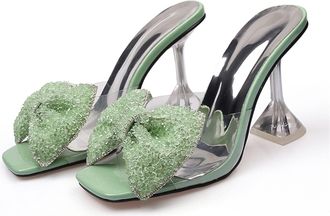 Generic Heels Summer Party Slippers Green Rhinestone Bowknot High Heel Sandals Womens Square Open Toe Transparent Shoes SkateboardGreen,11.5 UK