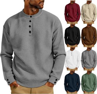 Generic Mens Waffle Jumpers Regular-Fit Long-Sleeve Waffle Henley Shirt Mens Plain Crew Neck Sweatshirts Long Sleeve Button Placket Sweatshirt Classic Lightwe