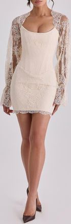 House of CB Aliana Lace Overlay Long Sleeve Cocktail Minidress in Vintage Ivory at Nordstrom, Size X-Small A