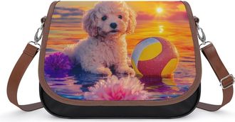 Generic Poodles Dog Volleyball Sunset Crossbody Bag Womens Handbag PU Message Bags Shoulder Purse with Adjustable Strap