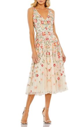 Mac Duggal V-Neck Sleeveless Midi Floral Beaded A-Line Dress in Nude Multi at Nordstrom, Size 12