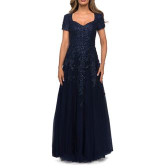 La Femme A-line Lace and Tulle Evening Dress with Beading in Navy at Nordstrom, Size 10