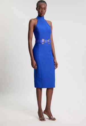 Karen Millen Womens Bandage High Neck Buckle Trim Midi Dress - Blue - Size 12 UK