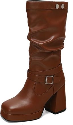 Generic Womens Square Toe Pleated Knee High Boots Chunky High Heel Platform Pull On Casual Winter Motorcycle Shoes (Brown,8.5)