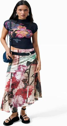Desigual Gonna lunga nera con stampa-Nero