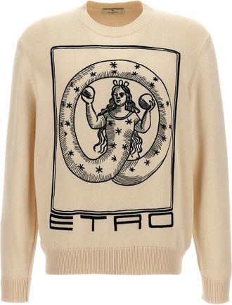 Etro Logo Embroidery Sweater - Heren - Ronde hals truien - Beige - 2XL - Katoen - Truien & Vesten