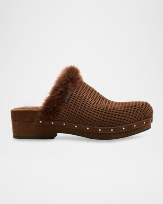 Brunello Cucinelli Perforated Shearling-Trimmed Suede Clogs