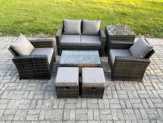 Fimous Outdoor Lounge Sofa Set Wicker PE Rattan Garden Furniture Set with Rectangular Coffee Table Double Seat Sofa Side Table in Dark Grey
