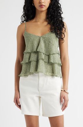 Open Edit Ruffle Tiered Camisole in Olive- White Dense Dot at Nordstrom, Size Xx-Small