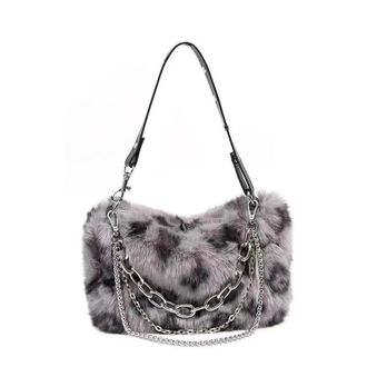 Generic Compatible For Fur Leopard Shoulder Bag Womens Autumn Ladies Print Clutch Purses Fluffy Top Handle Bags(Grey)