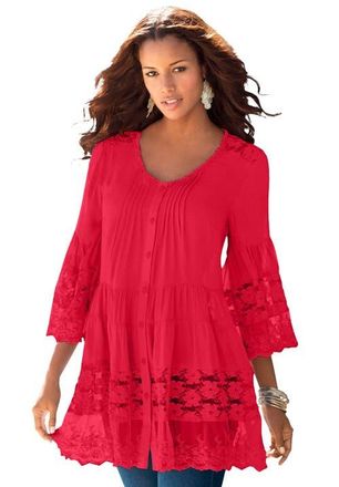 Roaman's Lace Illusion Blouse in Vivid Red at Nordstrom, Size 34