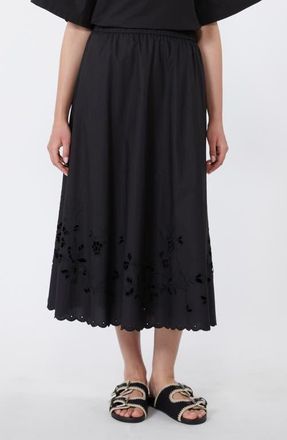 Max Mara Caravan Scalloped Eyelet Cotton Poplin Midi Skirt in Black at Nordstrom, Size X-Small