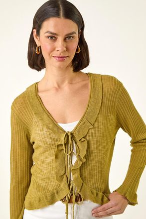 Roman Pointelle Frill Tie Front Top