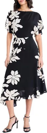 Maggy London Floral Asymmetric Midi Dress in Black/Cream at Nordstrom, Size 14