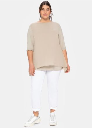 Sheego Blusenshirt SHEEGO Blusenshirt, Damen, Gr. 40/42, beige, 95% Viskose, 5% Elasthan, Webware:100% Polyester, unifarben, Rundhals, Shirts Blusenshirt