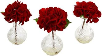 Nearly Natural Set Of 3 Red Hydrangeas With Glass Vase